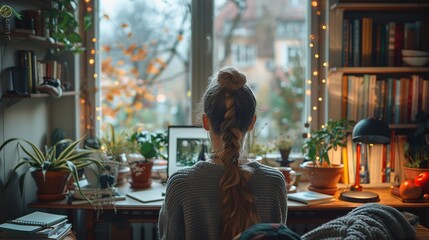 Naklejka premium A person sits at a desk, gazing out a window adorned with plants and warm lights.