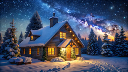 Fototapeta premium Cozy House in Glittering Snow Under Starry Sky. Perfect for: Christmas, Winter Solstice, New Year's Eve