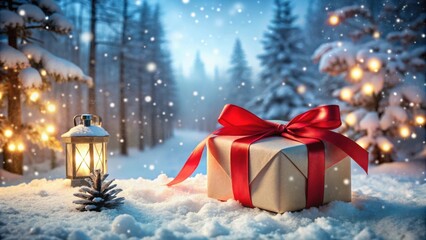 A Wrapped Gift Adorned with a Red Bow Rests on a Blanket of Fresh Snow, Bathed in the Warm Glow of a Lantern and Twinkling Lights, Creating a Magical Winter Wonderland Scene