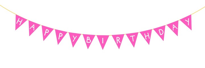 Happy birthday text, birthday banner, birthday decorations, pink ribbon, bunting, pink banner, flag, decoration, banner, triangle flag decoration, decoration, party, day, happy birthday