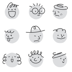 モノクロの丸の上に描かれた、いろいろな表情の抽象的な顔のビンテージ風ベクターイラスト