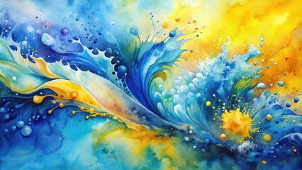 Fototapeta premium Abstract Watercolor Painting of a Flowing, Splashy Dynamic Composition with a Blend of Blue and Yellow Tones
