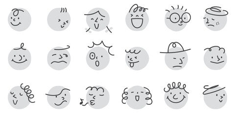 Obraz premium モノクロの丸の上に描かれた、いろいろな表情の抽象的な顔のビンテージ風ベクターイラスト