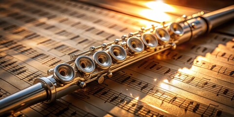Obraz premium A silver flute rests on a sheet of music, bathed in warm sunlight, the notes and instrument reflecting the golden glow