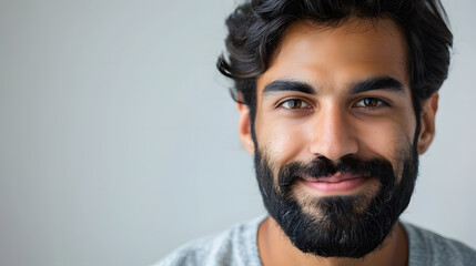 Obraz premium portrait of an attractive indian male in his 30s with a beard smile and looking into the camera isolated against a white background
