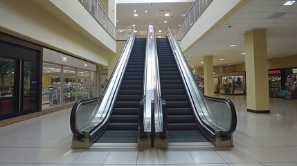 Two escalators in a shopping mall with white tiled floors and a ceiling with light fixtures.