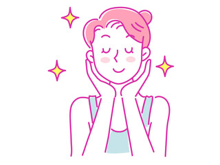 お肌のお手入れをしてツルツルになって喜んでいる若い女性