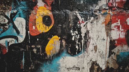 Abstract colorful graffiti art on a brick wall. Urban street art with vibrant colors, textures, and patterns