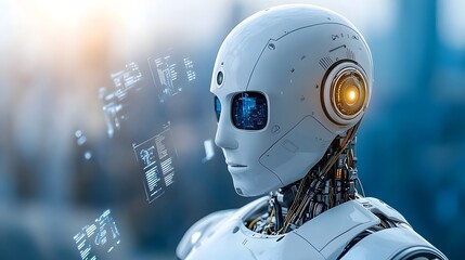 A sleek humanoid robot stands amidst a captivating digital landscape its holographic display revealing a wealth of data and insights  Surrounded by floating algorithms