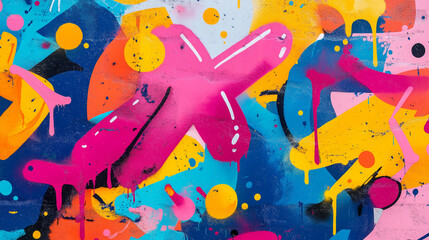 Colorful abstract graffiti art with pink, yellow, blue, and orange paint splatters
