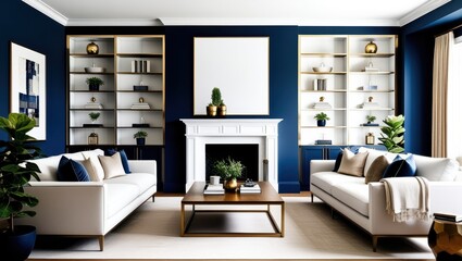 Modern luxurious living room, white fireplace, navy blue walls, gold accents, symmetrical bookshelves, white sofas, wooden coffee table, potted plants, minimalist decor, cozy atmosphere, interior desi