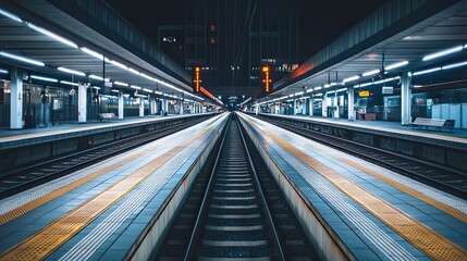Empty train station platform with tracks leading into the distance.