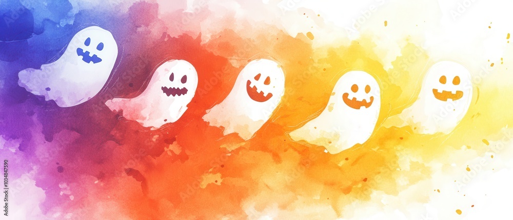 Sticker Watercolor Ghostly Halloween Background.