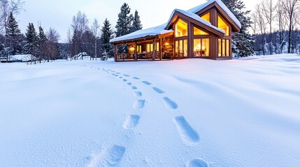 Fototapeta premium A cozy cabin surrounded by snow, illuminated warmly, with footprints leading towards it.
