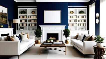 Fototapeta premium Modern luxurious living room, white fireplace, navy blue walls, gold accents, symmetrical bookshelves, white sofas, wooden coffee table, potted plants, minimalist decor, cozy atmosphere, interior desi