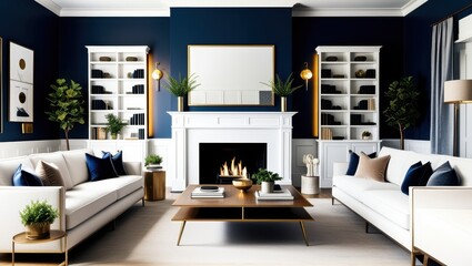 Modern luxurious living room, white fireplace, navy blue walls, gold accents, symmetrical bookshelves, white sofas, wooden coffee table, potted plants, minimalist decor, cozy atmosphere, interior desi