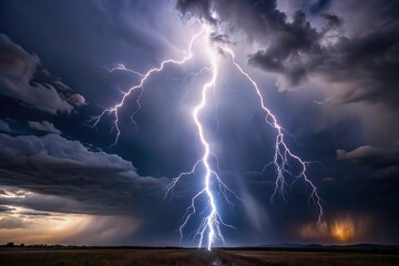 Wide-Angle lightning in a completely dark sky thunderstorm background