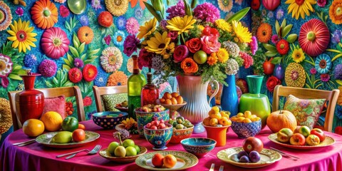 Fototapeta premium A vibrant still life of a beautifully set table adorned with a bouquet of colorful flowers and an array of fresh fruit, showcasing the art of tabletop styling
