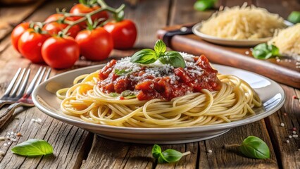 A plate of spaghetti with a red sauce topped with parmesan cheese and a sprig of basil, surrounded by tomatoes and a wooden background.