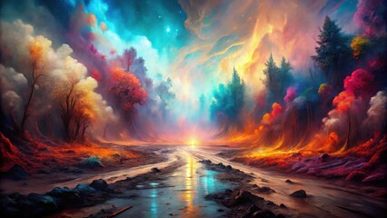 Obraz premium A Serene Stream Winds Through a Fantasy Forest bathed in a vibrant palette of sunset hues and ethereal clouds