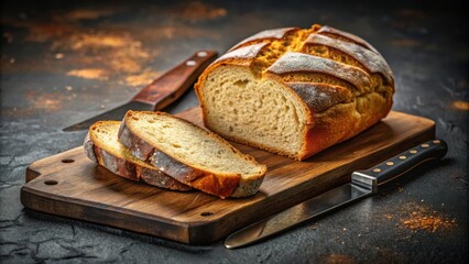 A loaf of bread, freshly sliced on a wooden cutting board, with a sharp knife nearby, ready to be enjoyed