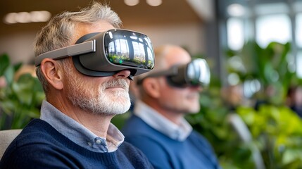 Team of engineers utilizing virtual reality headsets to test and analyze a digital simulation of an upcoming construction project exploring innovative design strategies and solutions for the build