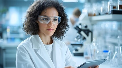 Fototapeta premium Two professional chemical engineers examining data and results on a digital tablet in a contemporary scientific laboratory setting