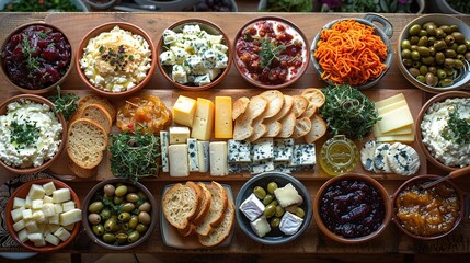 A vibrant spread of cheeses, olives, breads, and dips arranged for a social gathering.