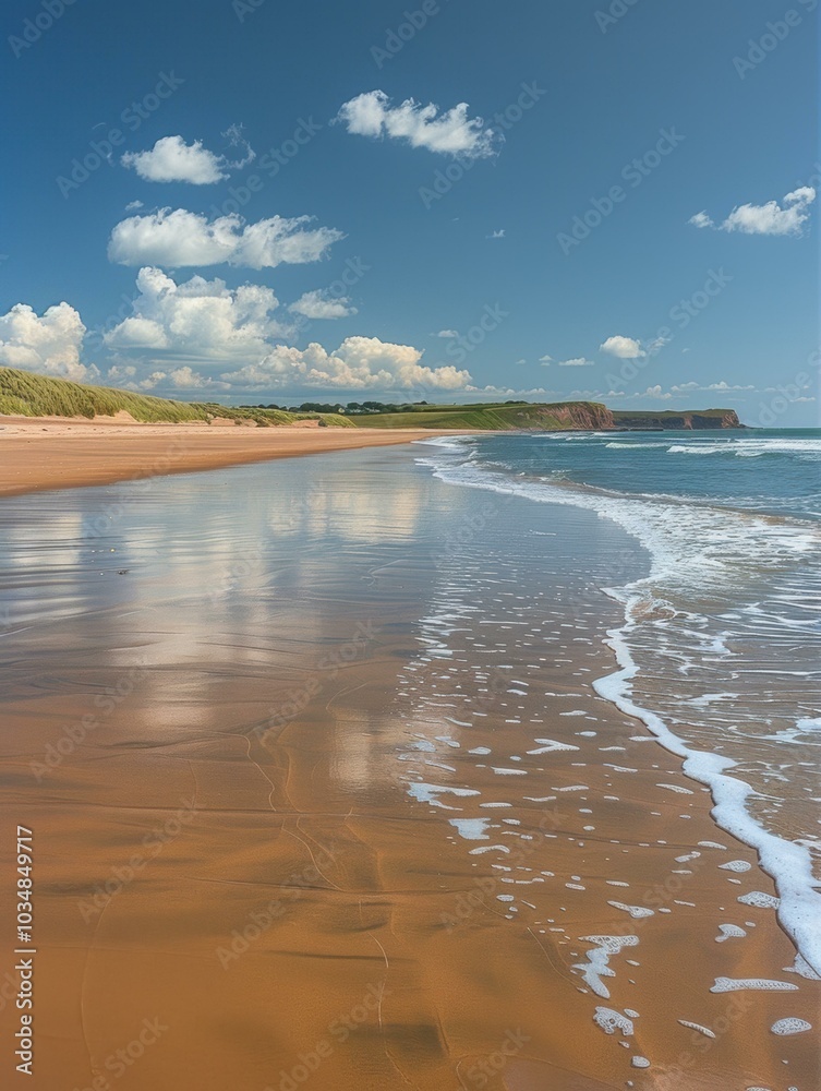 Poster A sandy beach with blue sky and white clouds. AI.