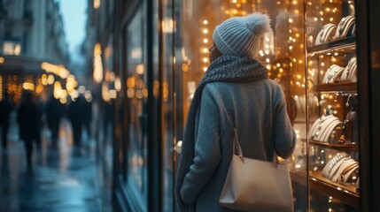 On a chilly winter evening, a woman stands in front of a shop window, captivated by sparkling holiday displays and twinkling lights, while people walk by in the bustling city atmosphere.