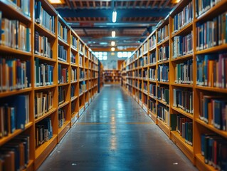 Fototapeta premium Bookshelves lined with books in a library. AI.