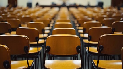 Rows of Empty Wooden Chairs in a Lecture Hall