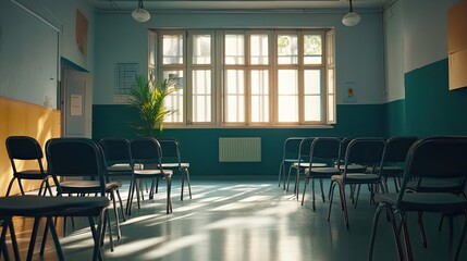Empty Classroom with Sunlit Windows and Rows of Chairs