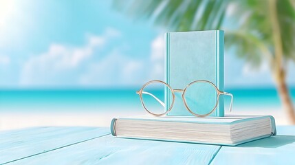 Tranquil Beach Setting with Book and Sunglasses for Relaxing Summer Vacation Getaway