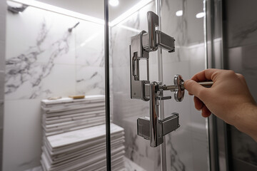 Detailed view of frameless glass shower installation in a marble bathroom