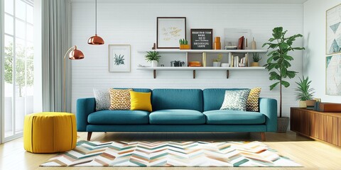 Modern living room interior, teal blue sofa, white shelving unit, wooden furniture, yellow pouf, colorful pillows, geometric rug, indoor plants, copper pendant lights, white brick wall, hardwood floor