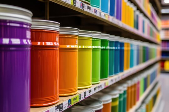 Neatly stacked row of paint cans in a hardware store, with vibrant labels and colors, representing home improvement and DIY projects, perfect for retail and shopping themes
