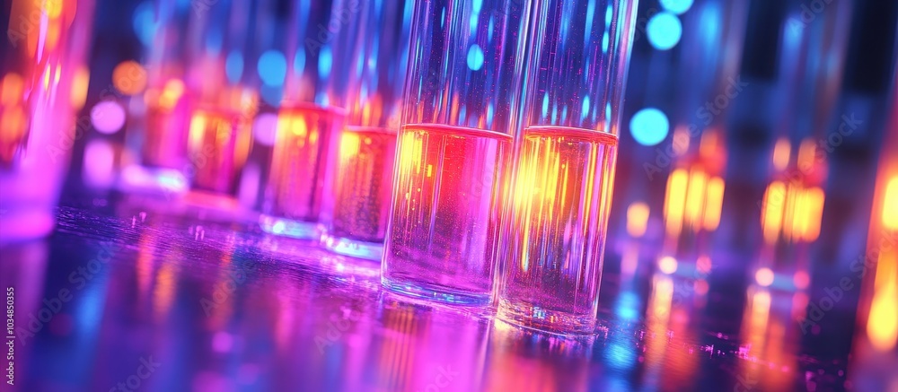 Wall mural vibrant neon test tubes in a science lab with colorful bokeh background for innovative research and 