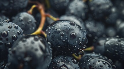 A closeup of ripe grapes with droplets forming from them