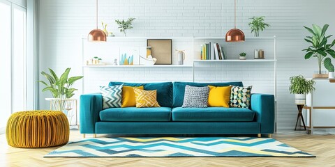 Modern living room interior, teal blue sofa, white shelving unit, wooden furniture, yellow pouf, colorful pillows, geometric rug, indoor plants, copper pendant lights, white brick wall, hardwood floor