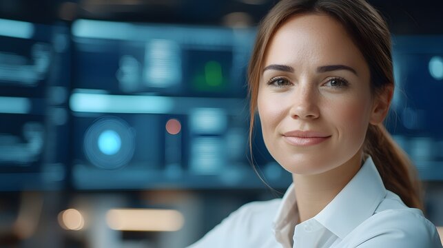 Female engineer in a futuristic control room meticulously monitoring and analyzing complex technological systems and displays on a high tech dashboard
