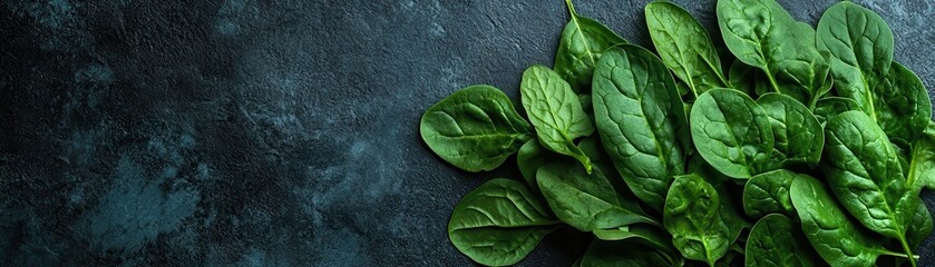 Obraz premium Fresh Spinach Leaves on Dark Rustic Background for Healthy Eating and Organic Food Concepts