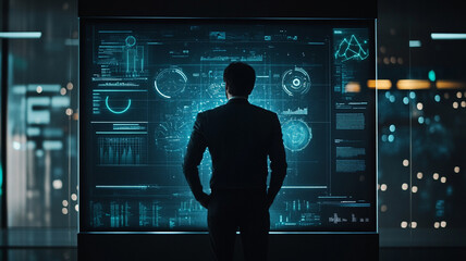 Business professional analyzing data on a futuristic display in a modern office at night