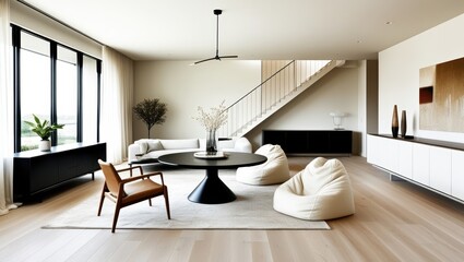 Fototapeta premium Modern minimalist interior, open concept living space, white brick wall, large windows, natural light, wooden floors, round black dining table, contemporary dining chairs, organic-shaped poufs, sleek 