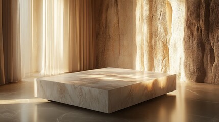Minimalist Stone Platform in Sunlit Room with Natural Rock Walls and Flowing Curtains Creating a Serene and Elegant Atmosphere