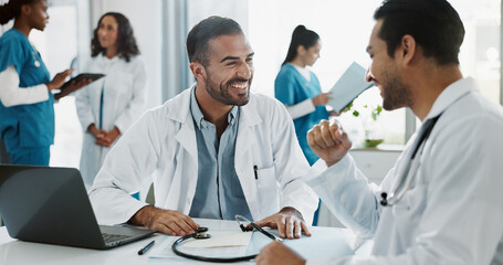 Fototapeta premium Meeting, team and doctors in office at hospital for planning medical diagnosis, treatment or surgery. Discussion, interview and healthcare worker with board director at clinic for feedback or review.