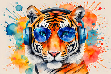 Watercolor painting of tiger with headphones and sunglasses on the abstract background.