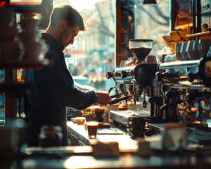 A barista making coffee in a cafe. AI.