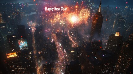 Fireworks exploding over a bustling cityscape, large "Happy New Year" text in the center, colorful sparks and smoke trails, skyscrapers glowing with lights, festive confetti overlay,