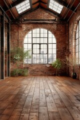 Fototapeta premium Large windows and exposed brick create a spacious and airy loft space. AI.